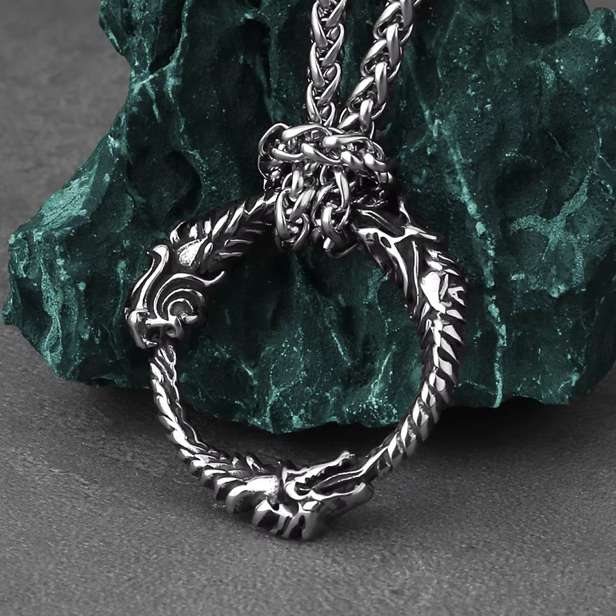 Halskette Ouroboros Drei Kopf Drachen, Edelstahl, Silber, Unisex - Bild 1