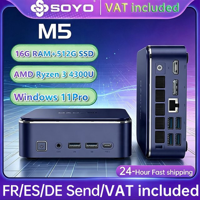 SOYO M5 Mini-PC mit AMD Ryzen 3 4300U, 16GB RAM, 512GB ROM und Windows 11 Pro, Kompakter Micro-Desktop-Computer mit Dual 4K Multi-Screen-Ausgang, WLAN, Bluetooth und Gigabit LAN - Bild 1