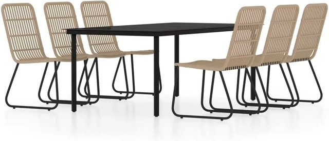 vidaXL 7-teilige Garten-Essgruppe in Eichen-Optik mit Glasplatte und PE-Rattan in Schwarz und Beige - Bild 1