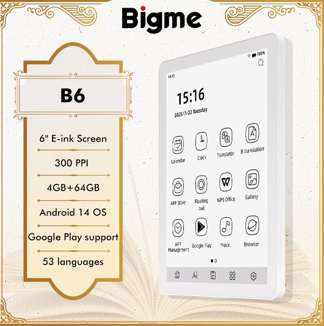 Bigme B6 E-Reader mit 6 Zoll E-Ink Bildschirm, Android 14, 4 GB RAM, 64 GB Speicher, Schwarz-Weiß - Bild 1