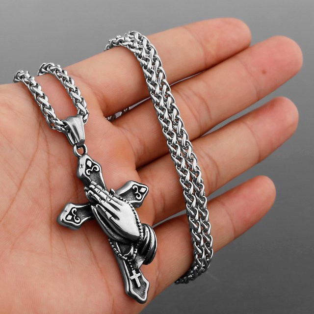 Halskette Gebet Kreuz, Edelstahl, Silber, Vintage, Unisex - Bild 1