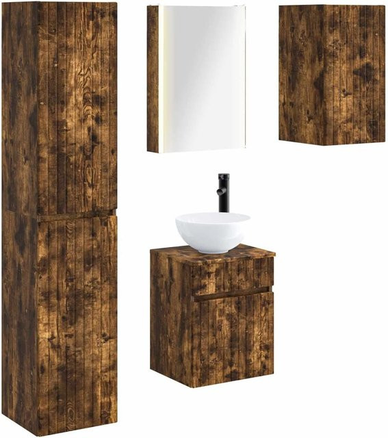 vidaXL Badezimmerschrank-Set 5-teilig aus Eiche in Braun, modern mit Spiegelschrank, Waschtischunterschrank und LED-Beleuchtung - Bild 1