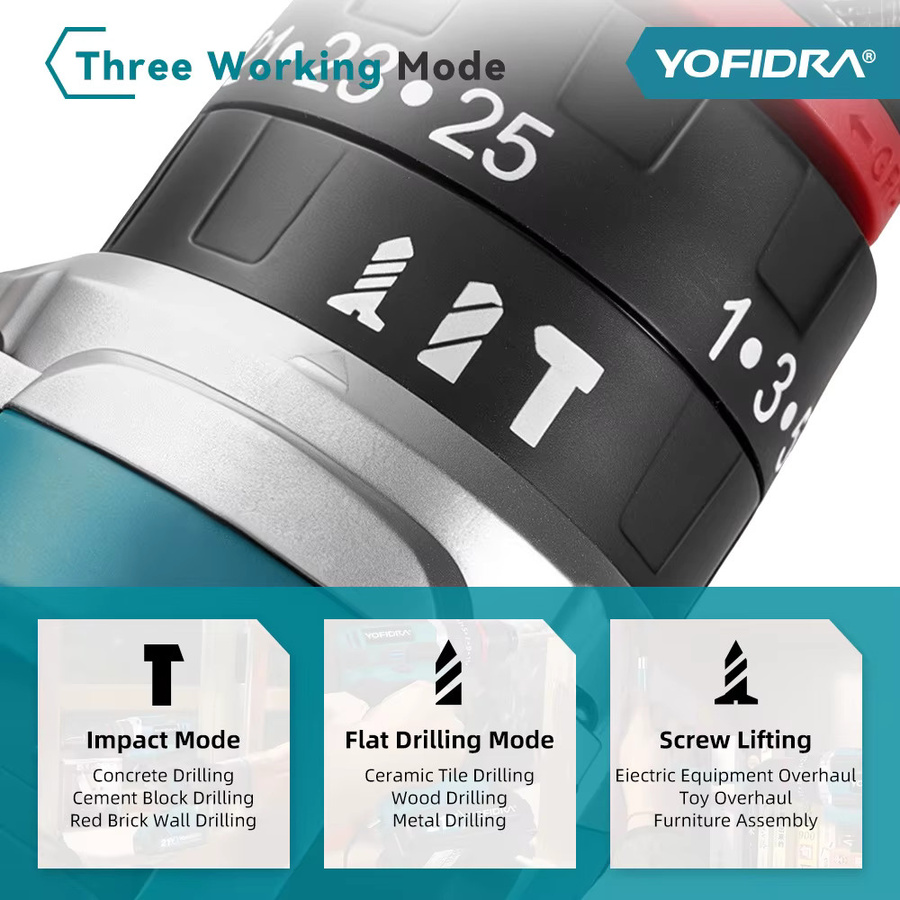 YOFIDRA 3in1 Akku-Schlagbohrmaschine und Drehmoment-Schrauber Set mit 25+3 Stufen, kompatibel mit Makita 21V Akkus - Bild 4