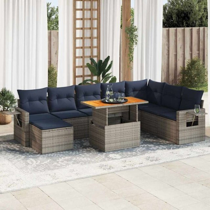 9-tlg. modulare Garten-Sofagarnitur aus Polyrattan mit Kissen in Grau und Blau von vidaxl - Bild 1