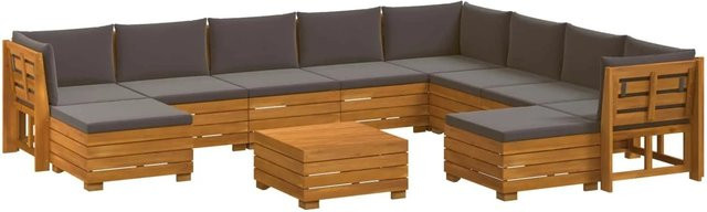 vidaXL Outdoor-Sofagarnitur aus Massivholz Akazie in U-Form, 11-teiliges Set in Braun mit dunkelgrauen Polstern - Bild 1