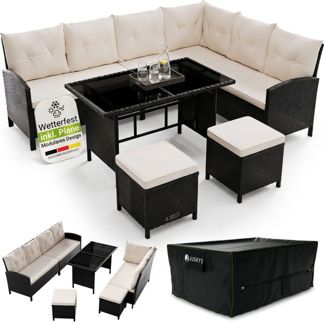 Juskys Gartenlounge Manacor Polyrattan Set in Schwarz mit Sofa, Tisch, Hocker, Kissen und Abdeckung für 8 Personen, Sitzbezüge in Creme - Bild 1
