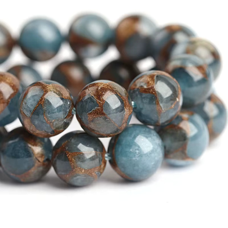 louleur Natursteinperlen, Blau-Goldene Farbe, Rund, Unisex - Bild 5