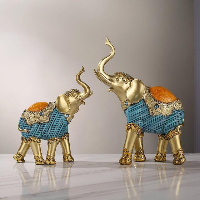 Yiran Furniture Elefantenornamente als Elefantenpaar in Gold im Ethno-Stil zur Wohnzimmerdekoration - Bild 1