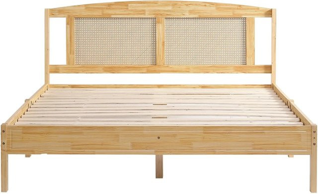 KOMHTOM Rattanbett aus Massivholz mit 15 Latten und Mittelbeinen, Doppelbett in Natur, B/T/H: 160 x 200 x 165 cm - Bild 1