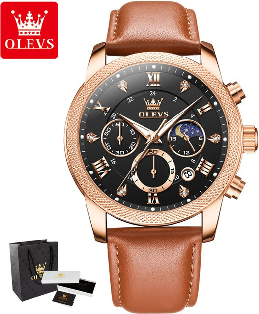 OLEVS Chronograph, Quarz, Edelstahl, Bicolor, Leder, Schwarz, Herren - Bild 1