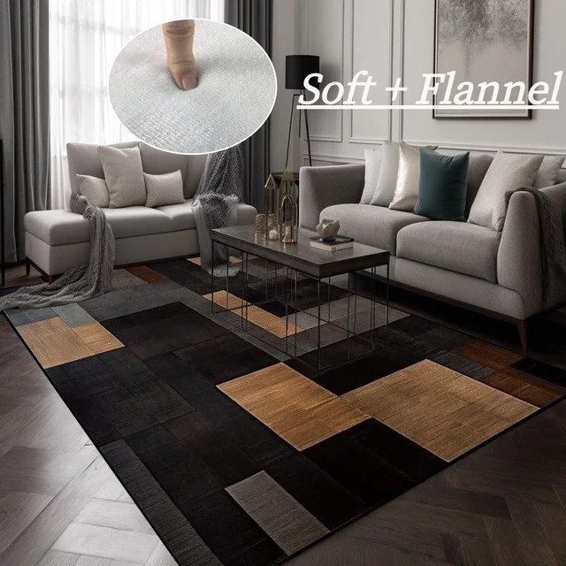 VIKAMA Geometrie-Teppich in Schwarzbraun mit modernem Karomuster, weich und waschbar für dein Wohnzimmer - Bild 1