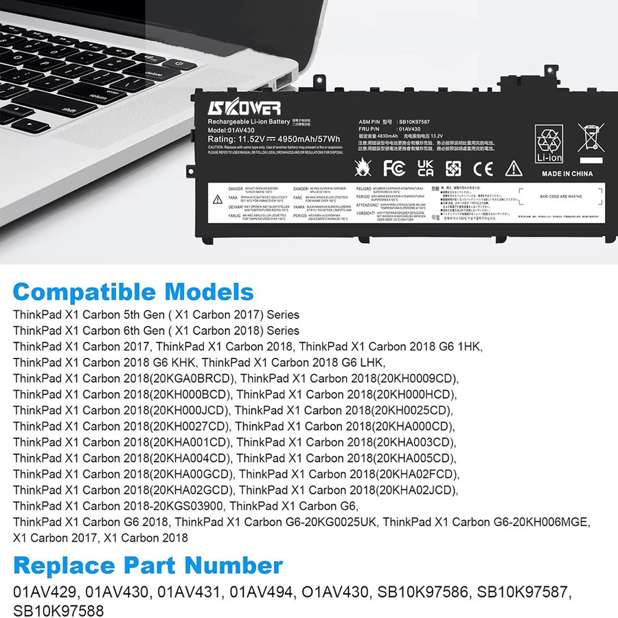 SKOWER Akku 01AV431 01AV430 01AV494 für Lenovo ThinkPad X1 Carbon 5. und 6. Generation in Schwarz - Bild 2