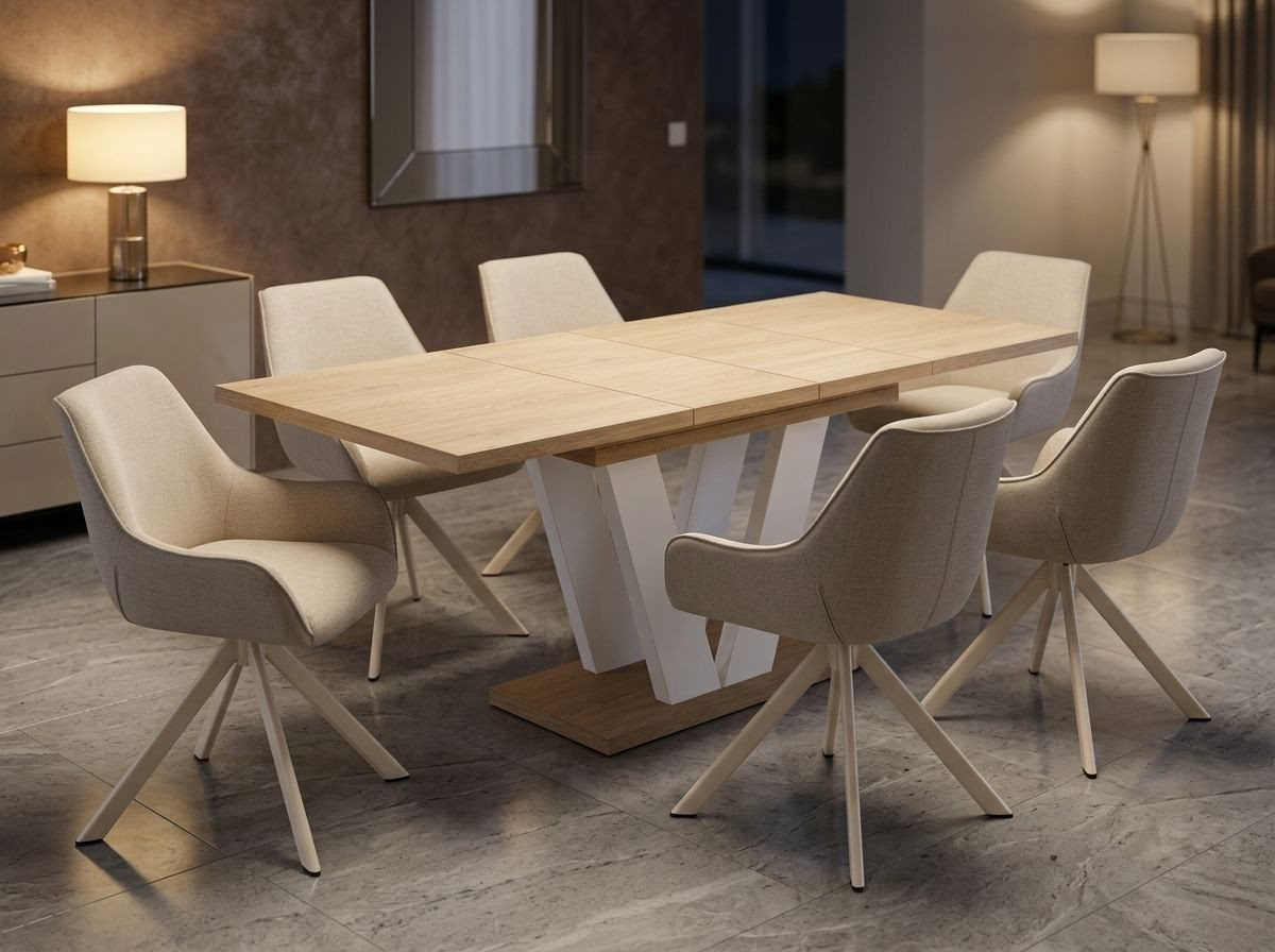 Endo-Moebel Essgruppe Lara White in Eiche Cremona mit ausziehbarem Säulentisch 130-210 cm und 6 Stühlen in Leinen-Beige - Bild 1