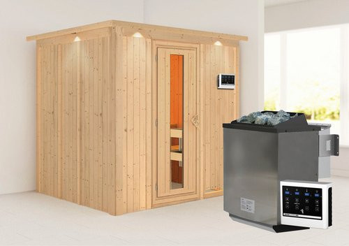 Karibu Sauna Rakvere aus Fichtenholz in Beige für 3 Personen inklusive 9 kW Bio-Kombi-Saunaofen mit externer Steuerung B/T/H: 210 x 184 x 202 cm - Bild 1