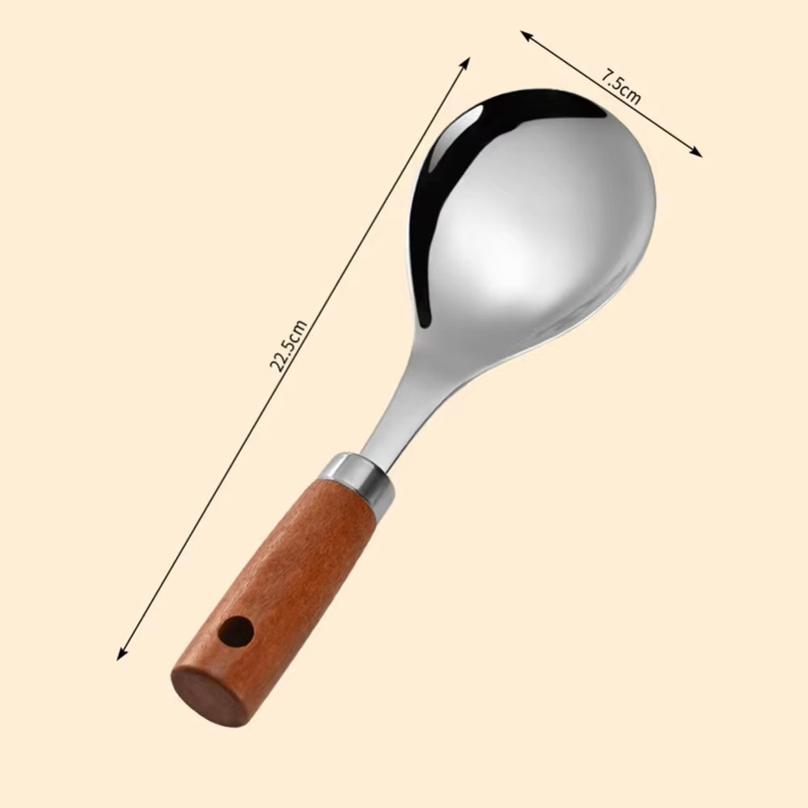 Venlohome Edelstahl-Reislöffel mit Holzgriff in Silber und Braun, hitzebeständiger Reiswaschlöffel und Spatel mit ovaler Form, Länge: 22,5 cm, Breite: 7,5 cm - Bild 5