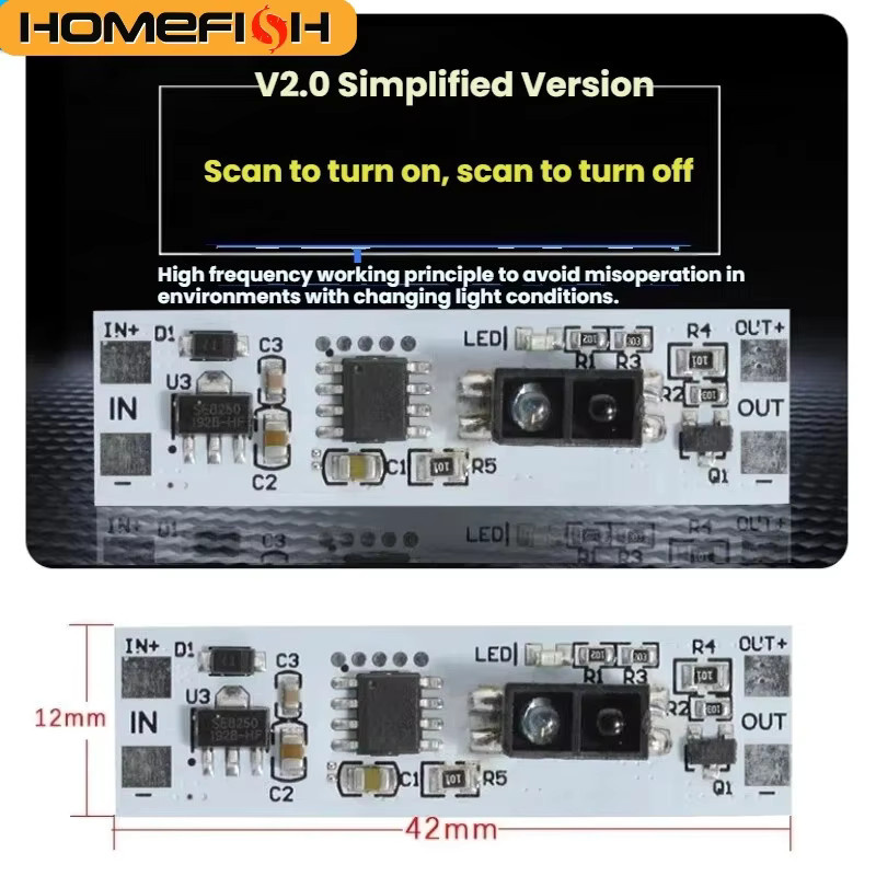 HOMEFISH Handbewegungssensor-Schaltmodul für LED-Beleuchtung in Schränken und Schuhregalen, USB-Anschluss, 5V-12V-24V kompatibel - Bild 3