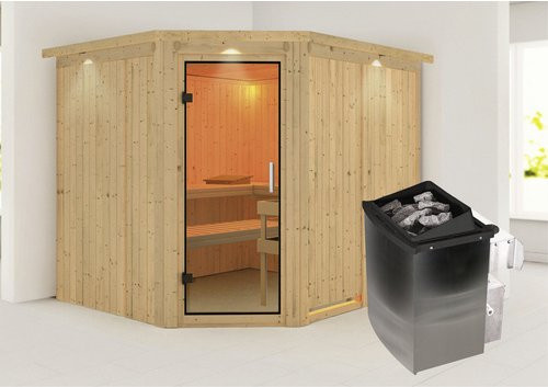 Karibu Sauna Haaspsalu aus Fichtenholz in Beige inklusive 9 kW Saunaofen mit integrierter Steuerung für 4 Personen, B/T/H: 245 x 210 x 202 cm - Bild 1