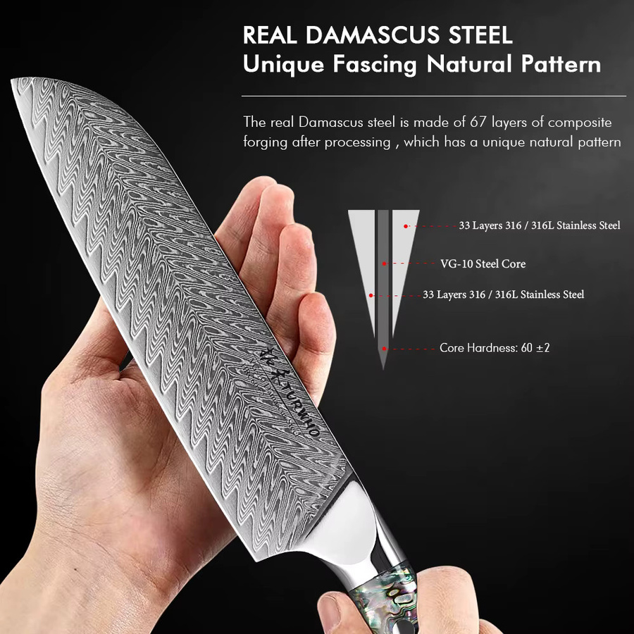 Turwho Santoku-Messer aus Damaststahl, 7 Zoll (17,78 cm) professionelles japanisches Küchenmesser für Fleisch, Fisch und Gemüse - Bild 5