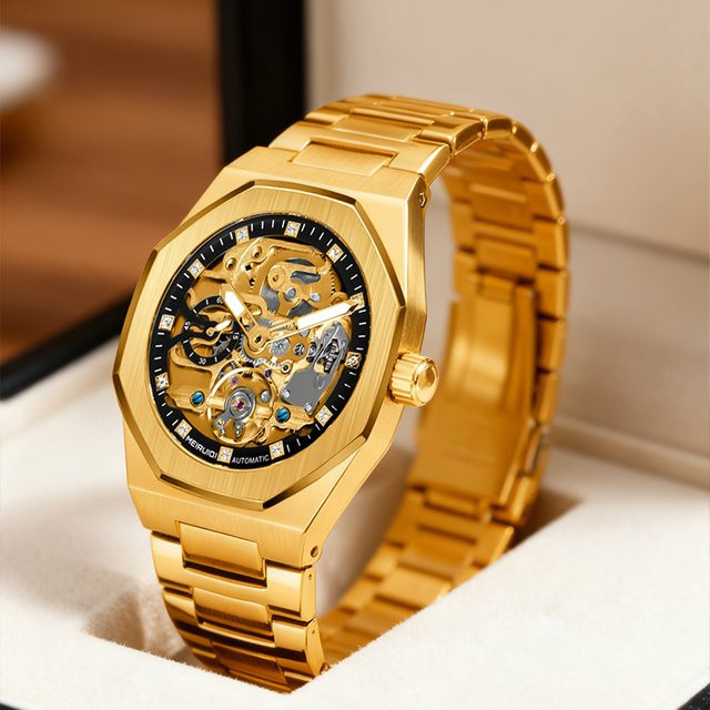 MEIRUIQI Armbanduhr Automatik, Edelstahl, Gold, Schwarz, Herren - Bild 1