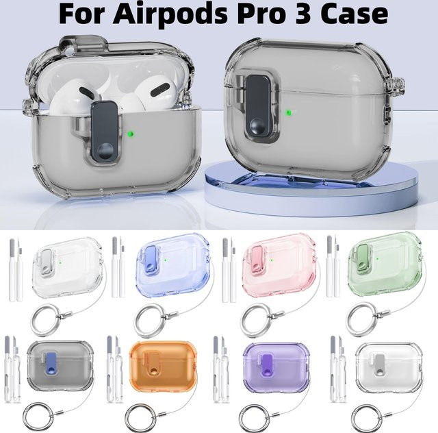Transparente TPU Schutzhülle für Apple AirPods Pro 3 mit Reinigungsset, sicherem Schloss und Schlüsselanhänger in Transparent und Grün - Bild 1