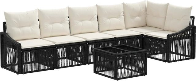 vidaXL Gartenmöbel-Set aus Polyrattan in Schwarz, 7-teilige L-Shape Lounge-Garnitur mit 3-Sitzer-Sofa, Eckelementen, Ottoman und Couchtisch inklusive Polsterkissen - Bild 1