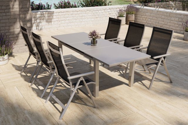 OUTFLEXX Premium Garten-Essgruppe aus Aluminium und Textilene in Silber/Anthrazit mit Ausziehtisch und 6 Klappstühlen, Tisch B: 180 bis 240 cm, B: 100 cm - Bild 1