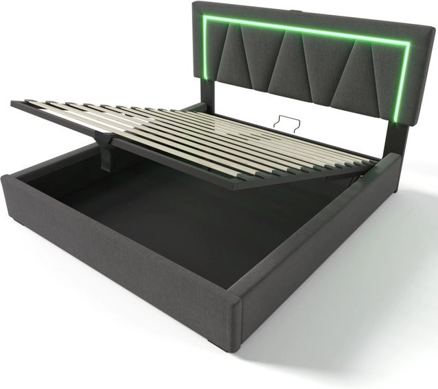 Merax Polsterbett mit LED-Beleuchtung und USB-C Ladestation, Stoff, B/T/H: 140 x 200 x 47,2 cm - Bild 1