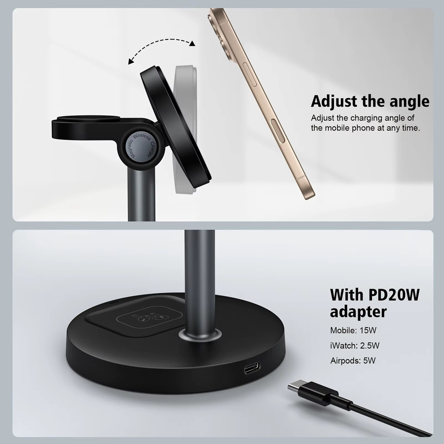 VIKEFON 3-in-1 magnetisches kabelloses Ladegerät mit verstellbarem Ständer für iPhone, iWatch und AirPods Pro in Schwarz und Weiß - Bild 4