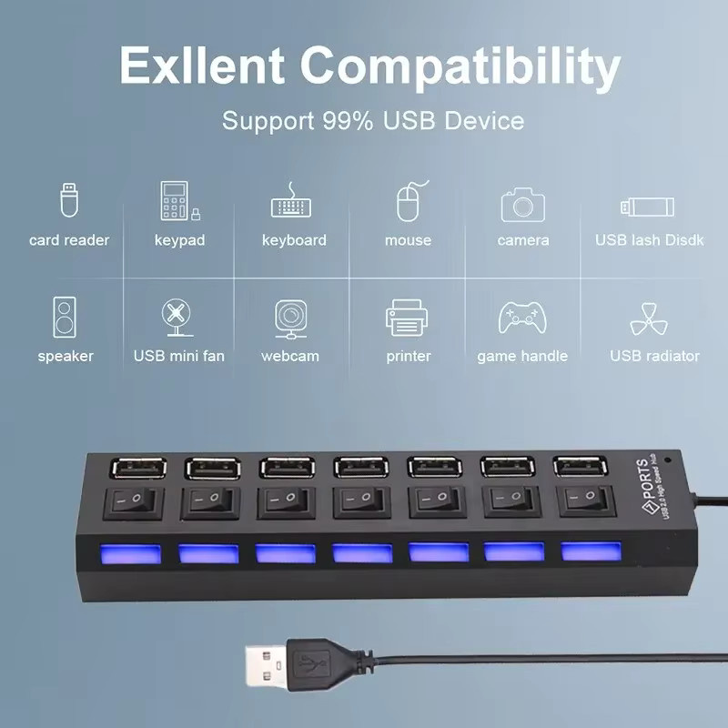 Switch 7-Port USB 2.0 Hub Extension Hub in Schwarz für PC, Laptop und Desktop - Bild 3