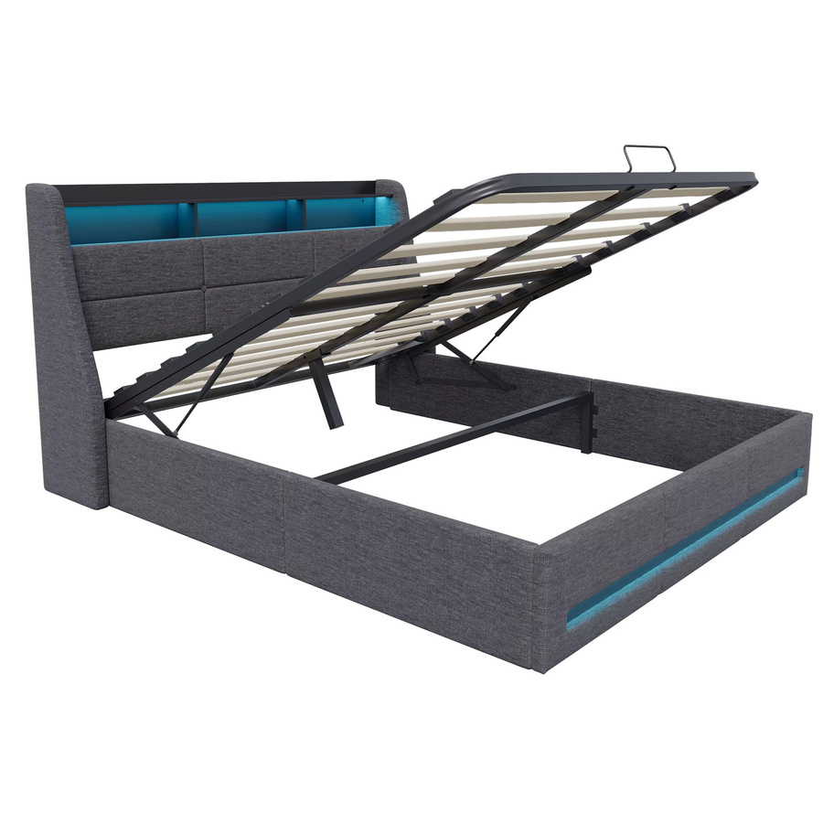Fangange Gepolstertes Doppelbett mit Stauraum und RGB-LED in Grau, B/T/H: 160 x 200 cm, mit hydraulischem Gaslift, USB-Ladefunktion und Kopfteil-Regal - Bild 6