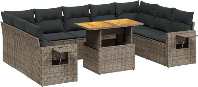 vidaXL 10-tlg Garten-Sofagarnitur in L-Form aus Poly-Rattan und Akazienholz mit Kissen in Grau - Bild 1