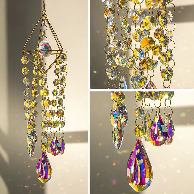 Kristall-Sonnenfänger aus Glas in Transparent mit geometrischem Design, 50 cm hängendes Windspiel zur Dekoration für Garten und Balkon - Bild 6