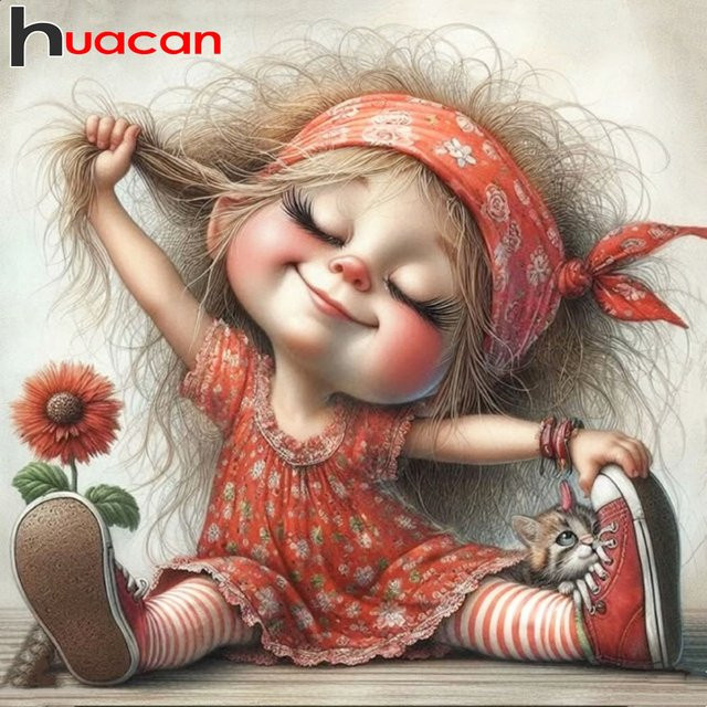 Huacan 5D-Diamantgemälde zum Selbermachen mit Cartoon-Baby, Katze und Blumen in Mehrfarbig, B/H: 20 x 20 cm - Bild 1