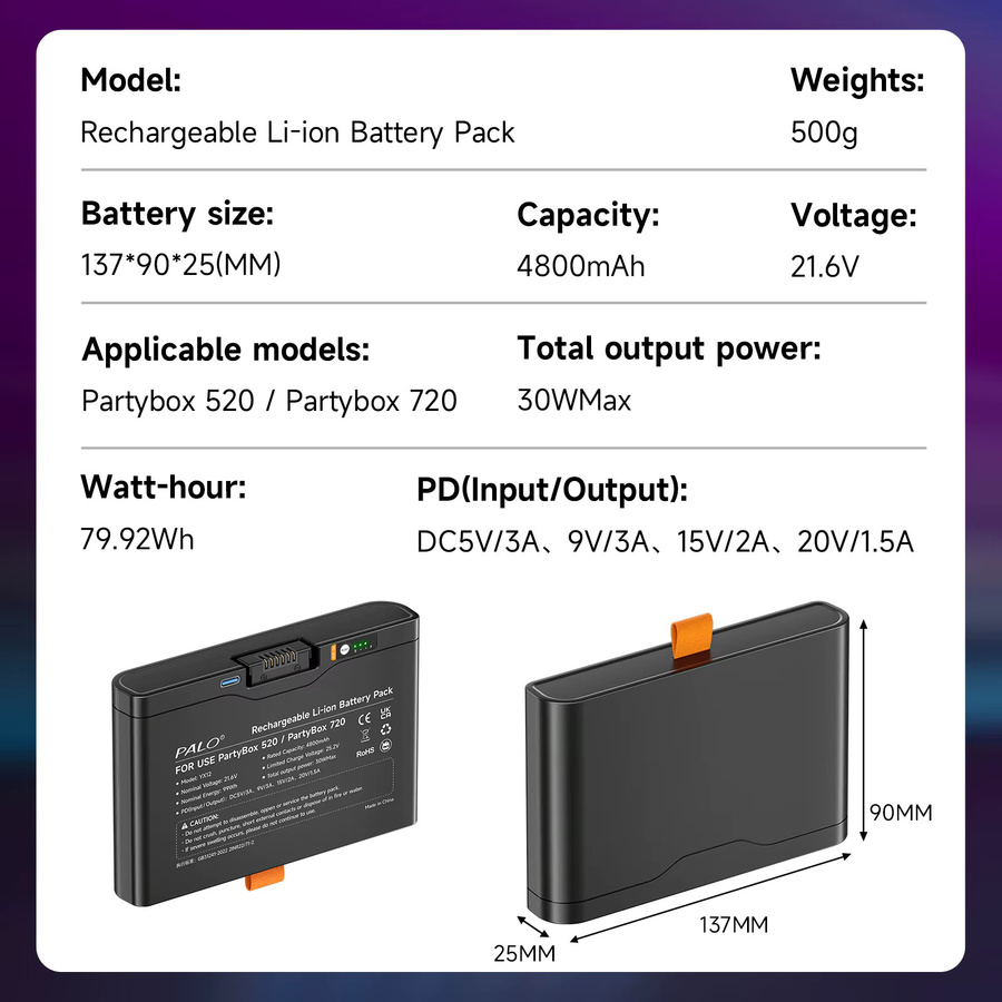 PALO Ersatzakku 4800mAh für JBL Boombox 4, PartyBox 520 und 720 Bluetooth-Lautsprecher mit USB-C Anschluss, Schwarz - Bild 5