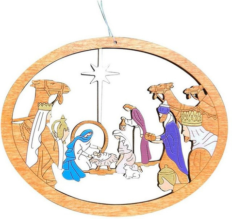 DIYelecs Weihnachtsbaum Hängeornament aus Holz mit ausgehöhlter Krippenszene in Beige