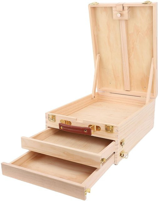 Aimo Holz-Pochade-Box mit 2 Schubladen und verstellbarer Tisch-Staffelei in Braun für 24-Zoll-Leinwände - Bild 1