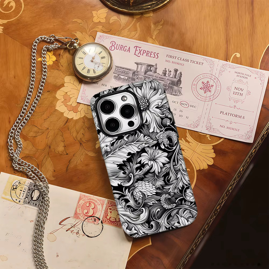 Handyhülle mit schwarz-weißem Blumenmuster für Apple iPhone 17 Pro Max, 16, 15, 14, 13, 12, 11 und weitere Modelle mit doppelschichtiger Rückseite - Bild 4