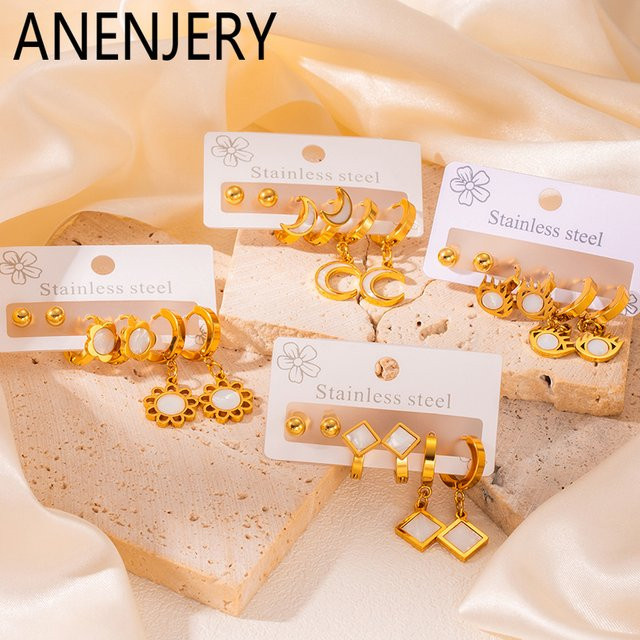 ANENJERY Ohrringe, Edelstahl, Gold, Damen, Mond Augen Stern Quasten - Bild 1
