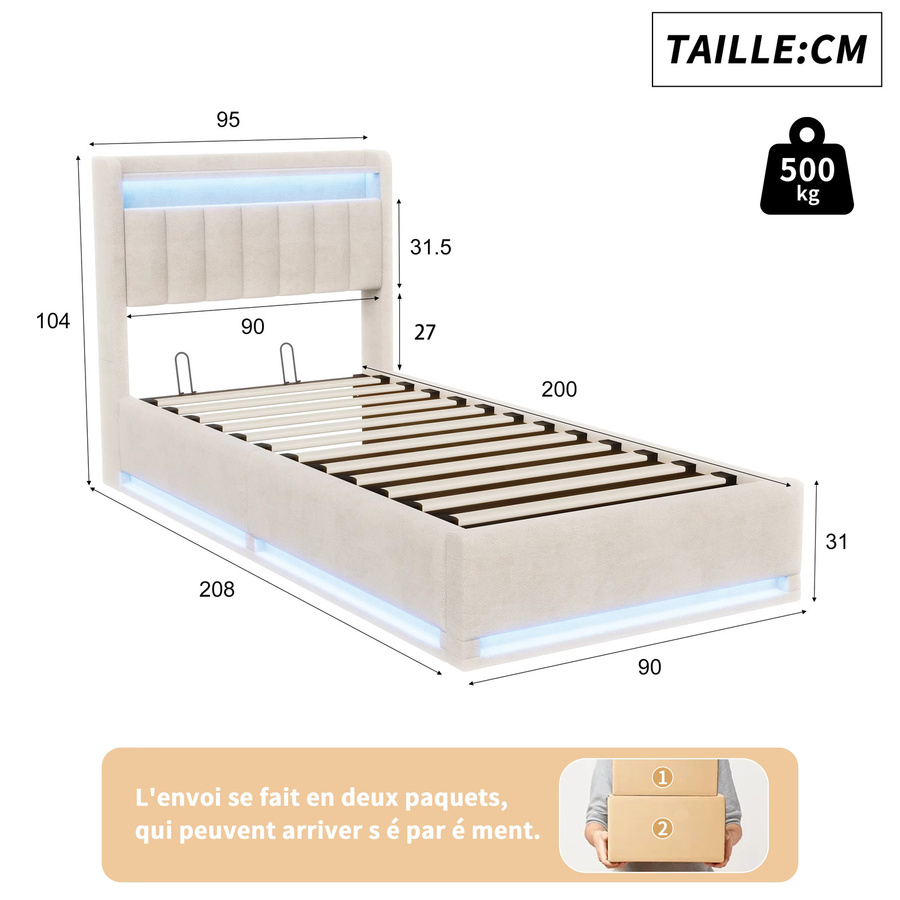 HYNHXBP Stauraumbett mit hydraulischem Lift-up-System in Beige, gepolstertes Bettgestell mit vertikal gestreiftem Kopfteil und integriertem Ablagefach, Breite: 90 cm, Tiefe: 200 cm - Bild 2
