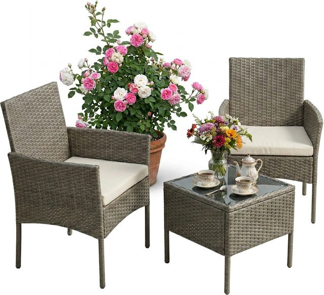 Relaxdays Gartenlounge Set aus Polyrattan in Grau, dreiteilig mit Polsterkissen und Glastisch, B/T/H: 82 x 57 x 58 cm und 40 x 40 x 40 cm - Bild 1