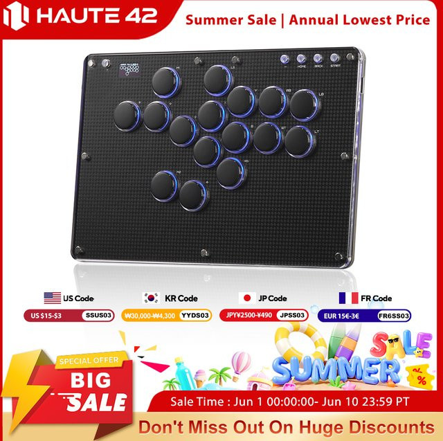 Haute42 T16-Texture Stickless Arcade Stick Controller Hitbox Keyboard in Schwarz für PC, PS4, PS5 und Nintendo Switch - Bild 1