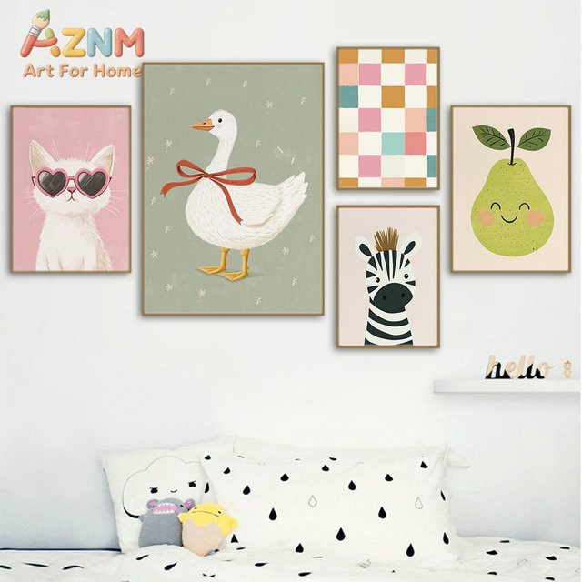 AZNM Leinwandposter für das Kinderzimmer mit Tier- und Obstmotiven, ungerahmter Wandkunstdruck in Mehrfarbig, Motive: Katze mit Herz-Sonnenbrille, Gans mit Schleife und Zebra - Bild 1