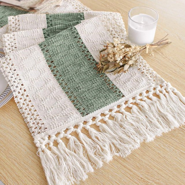 Pickerr Häkel-Tischläufer mit Quasten in Grün, Boho-Design, B: 91 cm, T: 30 cm - Bild 1