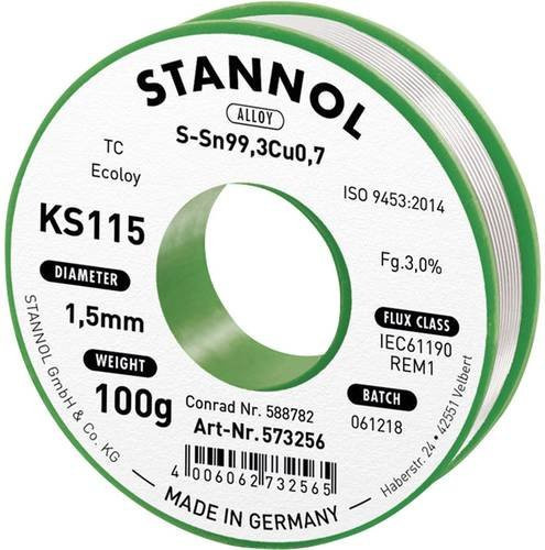 Stannol KS115 Bleifreies Lötzinn Sn99,3Cu0,7 ROM1 in Silber, 100g, 1,5mm - Bild 1