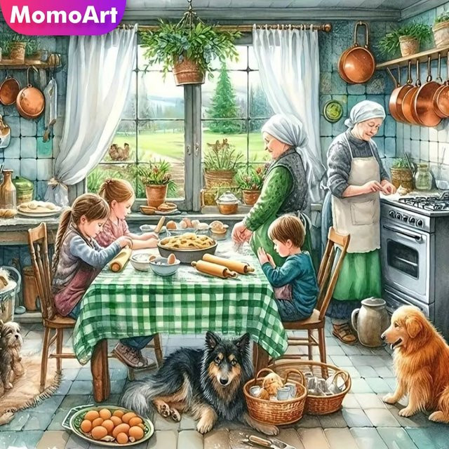 Momoart DIY Diamantmalerei Küchenlandschaft mit Hund und alter Frau als Wandkunst für Kinder in Multicolour, B/H: 20 x 20 cm - Bild 1