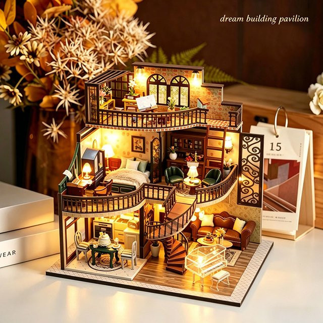 Zuuton Miniatur Puppenhaus Kit Retro Villa, 3D Puzzle Modell, Holz, mit LED-Lichtern - Bild 1