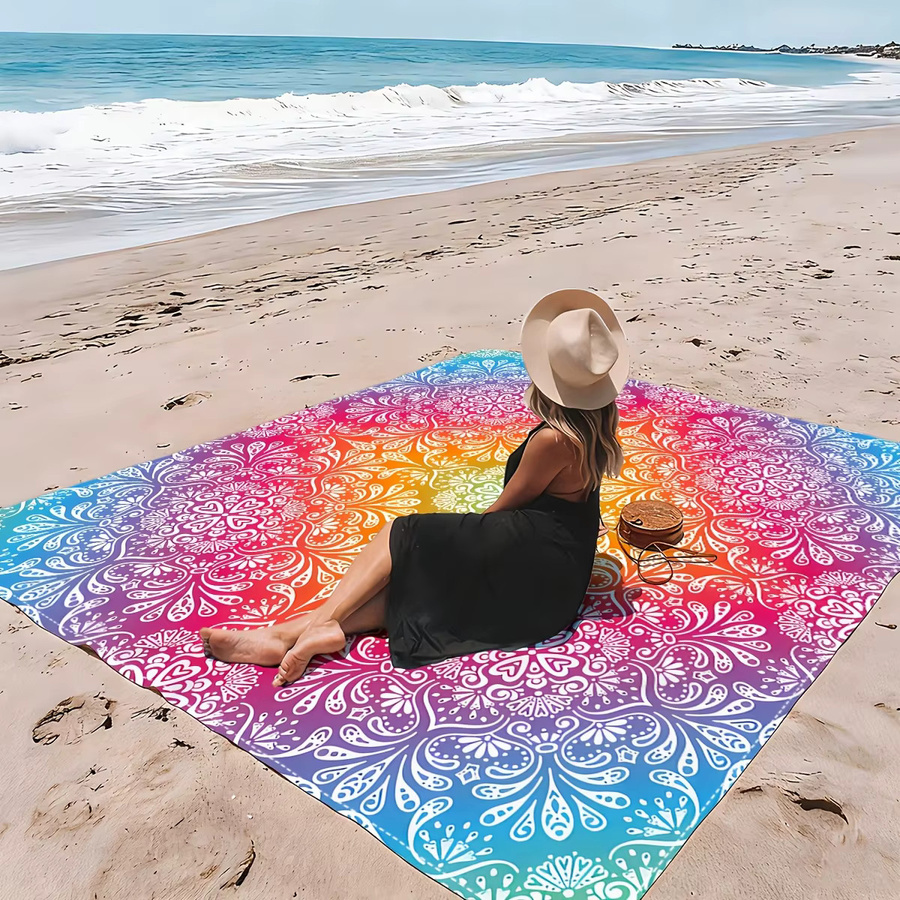 VIKAMA Strandmatte mit Regenbogen-Farbverlauf und Mandala-Muster, sanddicht und faltbar, Multicolour - Bild 2