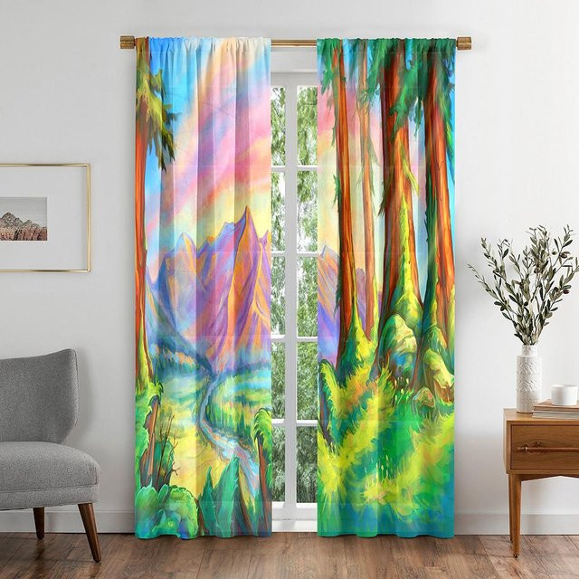 Zweiteiliger Vorhang mit Naturlandschaft-Motiv in Mehrfarben, halbtransparent, für Wohnzimmer, Schlafzimmer oder Badezimmer, B: 50 cm, H: 130 cm - Bild 1