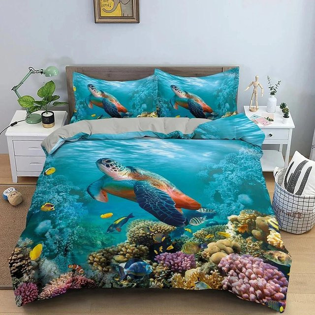 Bettwäsche Set mit 3D Meeresschildkröten Motiv von Your Warm Home in Blau, bestehend aus Bettbezug und Kissenbezug aus Polyester, B/H: 135 x 200 cm - Bild 1