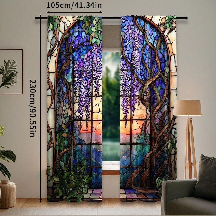 Tonnika Chen Buntglas-Wisteria-Blumen-Vorhang Set aus 2 Stück aus Polyester, Multicolor, B: 100 cm, H: 70 cm - Bild 3